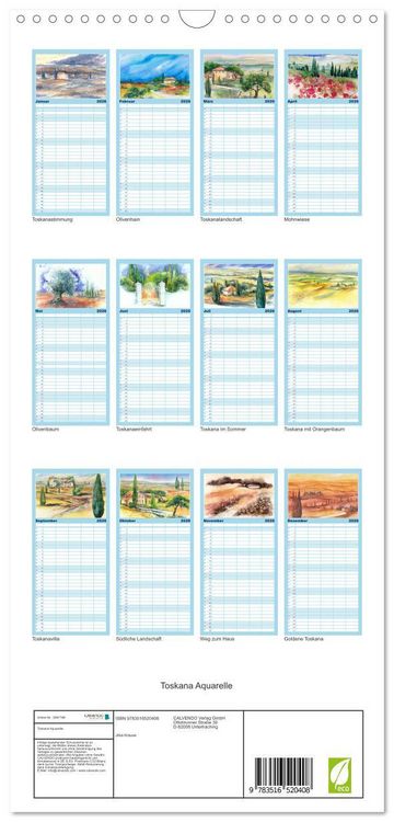 Produktbild: Familienplaner 2026 - Toskana Aquarelle mit 5 Spalten (Wandkalender, 21 x 45 cm) CALVENDO