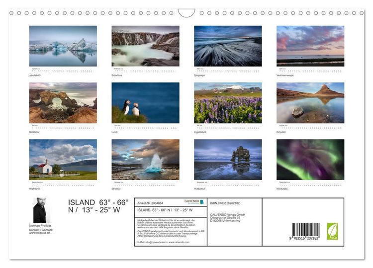 Produktbild: ISLAND 63&deg; - 66&deg; N / 13&deg; - 25&deg; W (Wandkalender 2026 DIN A3 quer), CALVENDO Monatskalender