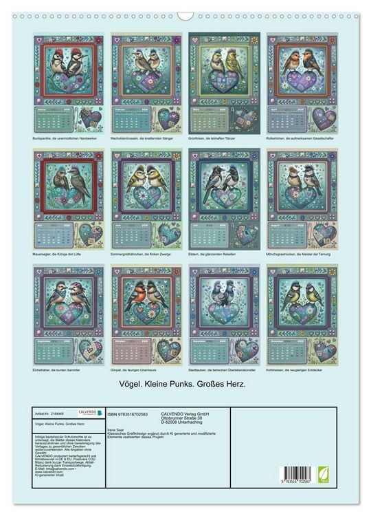 Produktbild: V&ouml;gel. Kleine Punks. Gro&szlig;es Herz. (Wandkalender 2026 DIN A2 hoch), CALVENDO Monatskalender