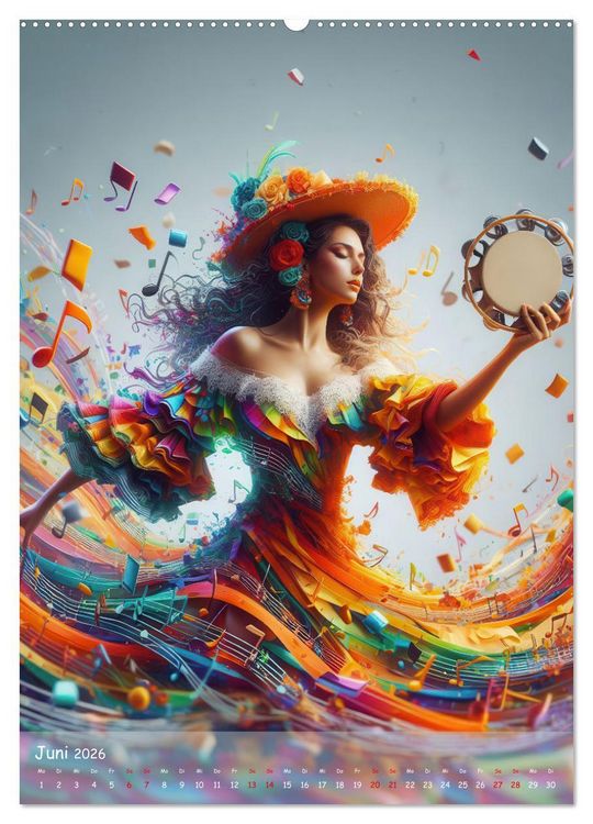 Produktbild: Musikalische Magie &ndash; Frauen in klangvollen Kleidern aus Noten und Farbe (hochwertiger Premium Wandkalender 2026 DIN A2 hoch), Kunstdruck in Hochglanz