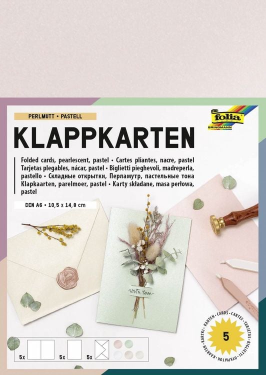 Produktbild: Folia Klappkarten/Doppelkarten f&uuml;r Einladungen, Gl&uuml;ckwunsch- oder Gru&szlig;karten, 10,5x15cm, perlmutt/pastell, 5 Karten + Kuverts + Einlagen