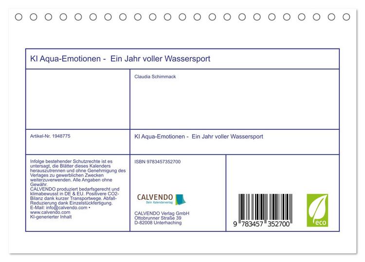 Produktbild: KI Aqua-Emotionen - Ein Jahr voller Wassersport (Tischkalender 2026 DIN A5 quer), CALVENDO Monatskalender