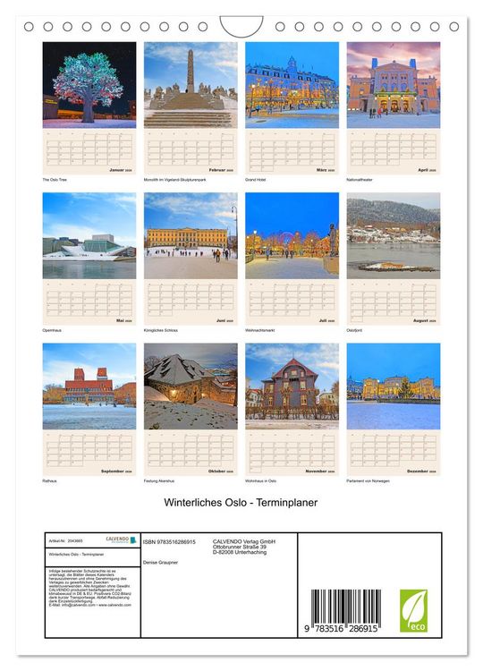 Produktbild: Winterliches Oslo - Terminplaner (Wandkalender 2026 DIN A4 hoch), CALVENDO Monatskalender