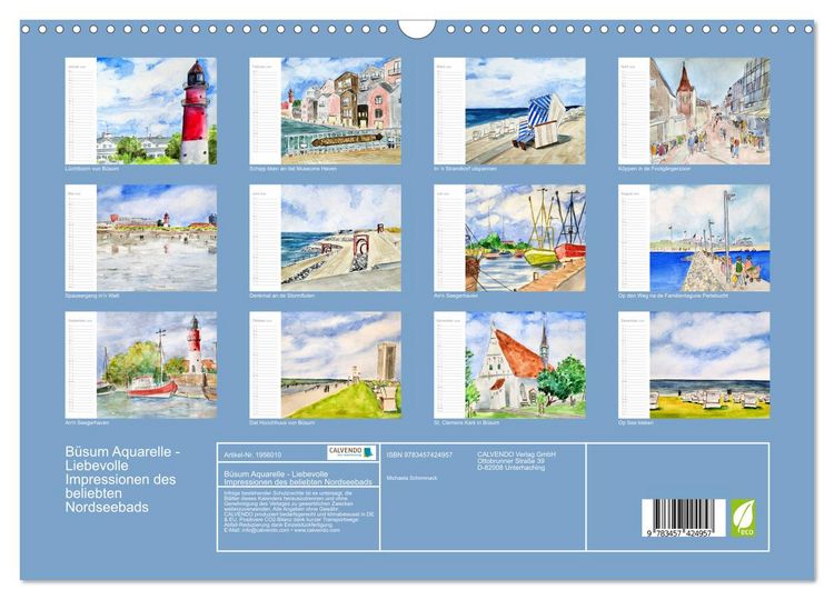 Produktbild: B&uuml;sum Aquarelle - Liebevolle Impressionen des beliebten Nordseebads (Wandkalender 2026 DIN A3 quer), CALVENDO Monatskalender