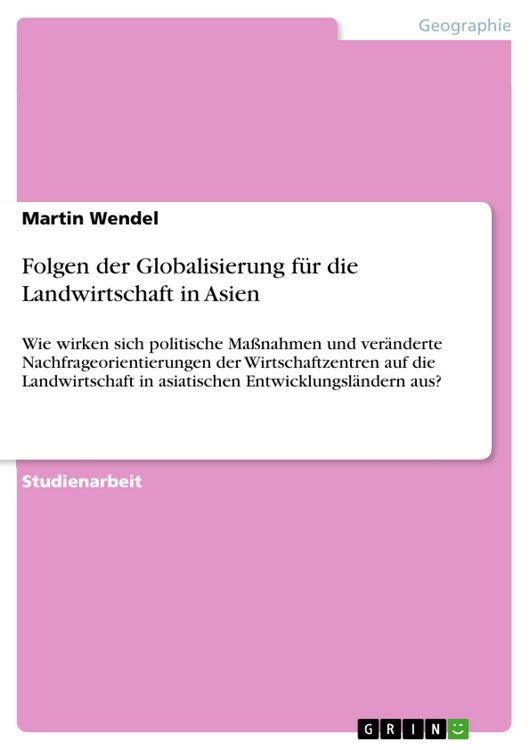 Produktbild: Folgen der Globalisierung f&uuml;r die Landwirtschaft in Asien