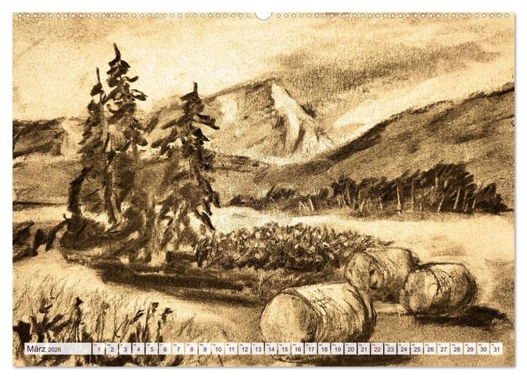 Produktbild: Pausen f&uuml;r deine Seele - Seelenlandschaften in Sepia - Ein Jahr der Ruhe mit Kohlezeichnungen (hochwertiger Premium Wandkalender 2026 DIN A2 quer), Kunstdruck in Hochglanz