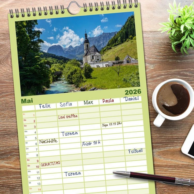 Produktbild: Familienplaner 2026 - Bayern - Seen, Berge, Landschaft mit 5 Spalten (Wandkalender, 21 x 45 cm) CALVENDO