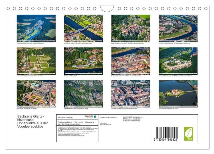 Produktbild: Sachsens Glanz - historische H&ouml;hepunkte aus der Vogelperspektive (Wandkalender 2026 DIN A4 quer), CALVENDO Monatskalender