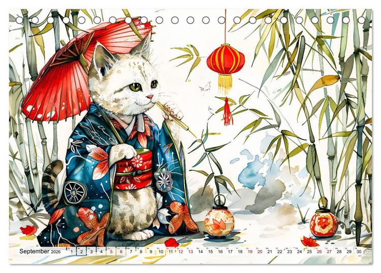 Produktbild: Geisha-Katzen - Mit Bl&uuml;ten, Schirm und Bambus im Japanstil (Tischkalender 2026 DIN A5 quer), CALVENDO Monatskalender