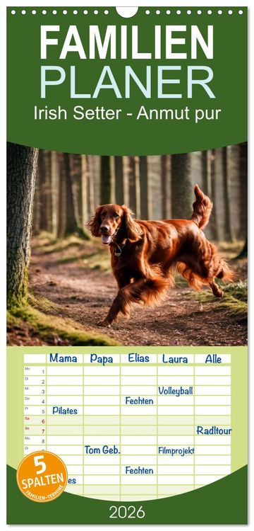 Produktbild: Familienplaner 2026 - Irish Setter - Anmut pur mit 5 Spalten (Wandkalender, 21 x 45 cm) CALVENDO