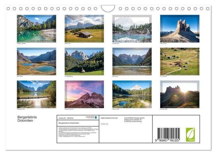 Produktbild: Bergerlebnis Dolomiten (Wandkalender 2026 DIN A4 quer), CALVENDO Monatskalender