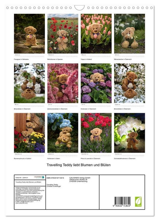Produktbild: Travelling Teddy liebt Blumen und Bl&uuml;ten (Wandkalender 2026 DIN A3 hoch), CALVENDO Monatskalender