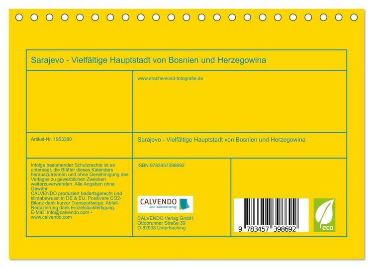 Produktbild: Sarajevo - Vielf&auml;ltige Hauptstadt von Bosnien und Herzegowina (Tischkalender 2026 DIN A5 quer), CALVENDO Monatskalender