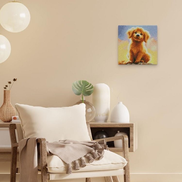 Produktbild: FiguredArt DP-SFA185-Y - Mini Diamond Painting, S&uuml;&szlig;er Golden Retriever Welpe, Leinwand-Keilrahmen (25x25cm), DIY Bastelset