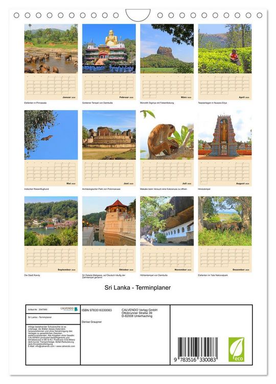Produktbild: Sri Lanka - Terminplaner (Wandkalender 2026 DIN A4 hoch), CALVENDO Monatskalender