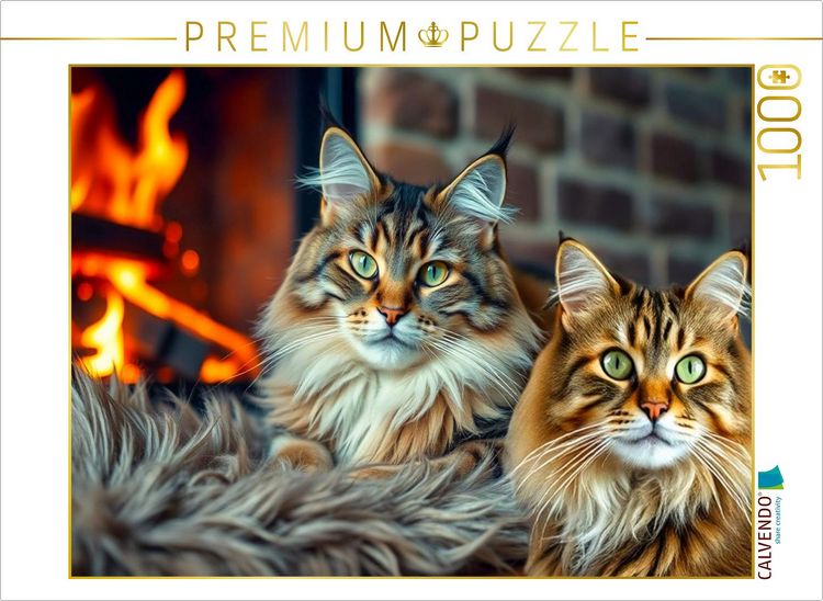 Produktbild: CALVENDO Puzzle Main Coons - Kuscheln am offenen Kamin | 1000 Teile Lege-Gr&ouml;&szlig;e 64x48cm Foto-Puzzle f&uuml;r gl&uuml;ckliche Stunden