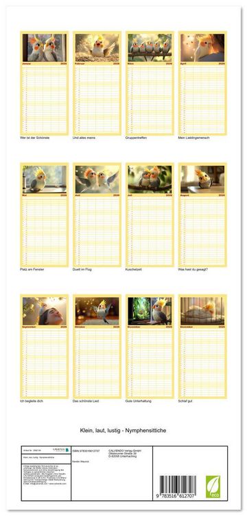 Produktbild: Familienplaner 2026 - Klein, laut, lustig - Nymphensittiche mit 5 Spalten (Wandkalender, 21 x 45 cm) CALVENDO