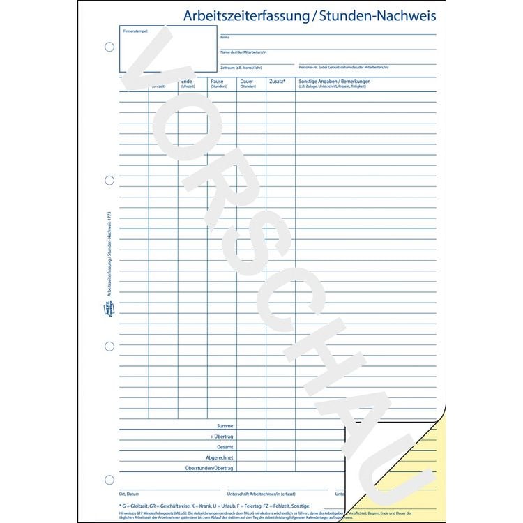 Produktbild: AVERY Zweckform Arbeitszeiterfassung Stundennachweis selbstdurchschreibend DIN A4 2x40 Blatt