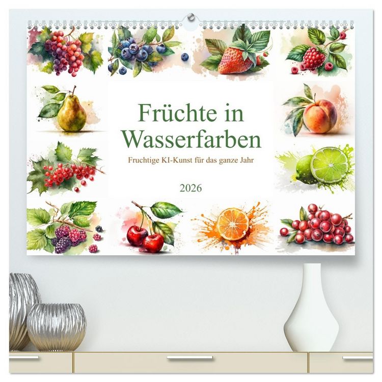 Produktbild: Fr&uuml;chte in Wasserfarben - Fruchtige KI-Kunst f&uuml;r das ganze Jahr (hochwertiger Premium Wandkalender 2026 DIN A2 quer), Kunstdruck in Hochglanz