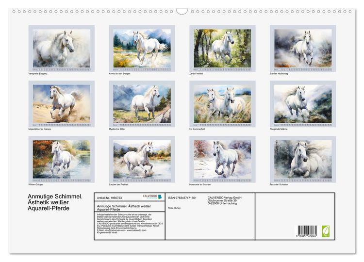 Produktbild: Anmutige Schimmel. &Auml;sthetik wei&szlig;er Aquarell-Pferde (Wandkalender 2026 DIN A2 quer), CALVENDO Monatskalender