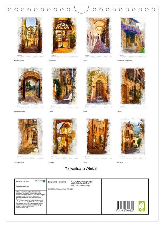 Produktbild: Toskanische Winkel (Wandkalender 2026 DIN A4 hoch), CALVENDO Monatskalender