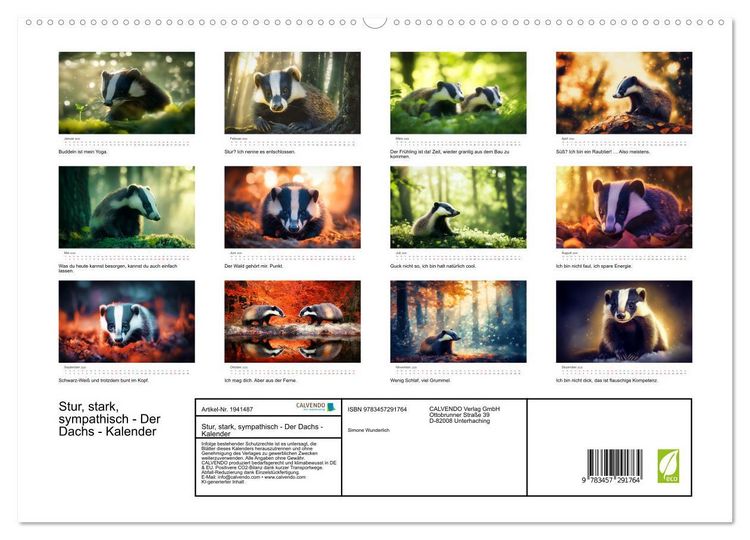 Produktbild: Stur, stark, sympathisch - Der Dachs - Kalender (hochwertiger Premium Wandkalender 2026 DIN A2 quer), Kunstdruck in Hochglanz