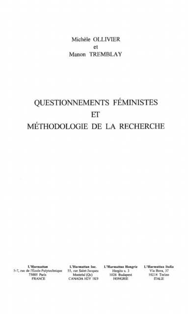 Produktbild: Questionnements Feministes Et Methodologie De La Recherche