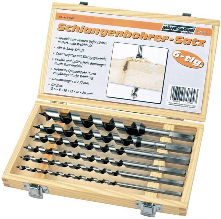 Produktbild: Br&uuml;der Mannesmann M54620 Schlangenbohrer-Set 6teilig 6 mm, 8 mm, 10 mm, 12 mm, 16 mm, 20 mm Gesamtl&auml;nge 230 mm 1 St.