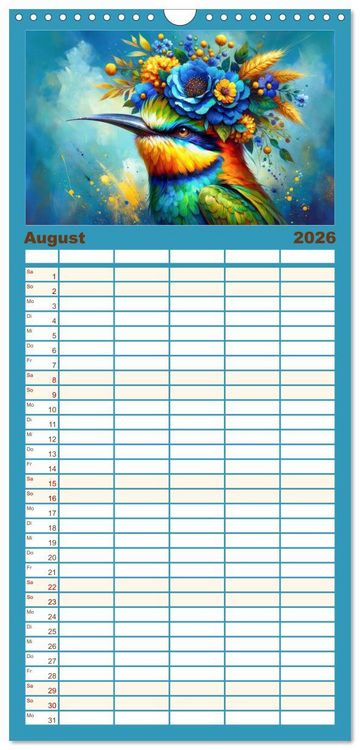 Produktbild: Familienplaner 2026 - Blumige Vogelportr&auml;ts mit 5 Spalten (Wandkalender, 21 x 45 cm) CALVENDO
