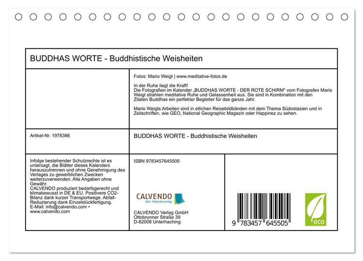 Produktbild: BUDDHAS WORTE - Buddhistische Weisheiten (Tischkalender 2026 DIN A5 quer), CALVENDO Monatskalender