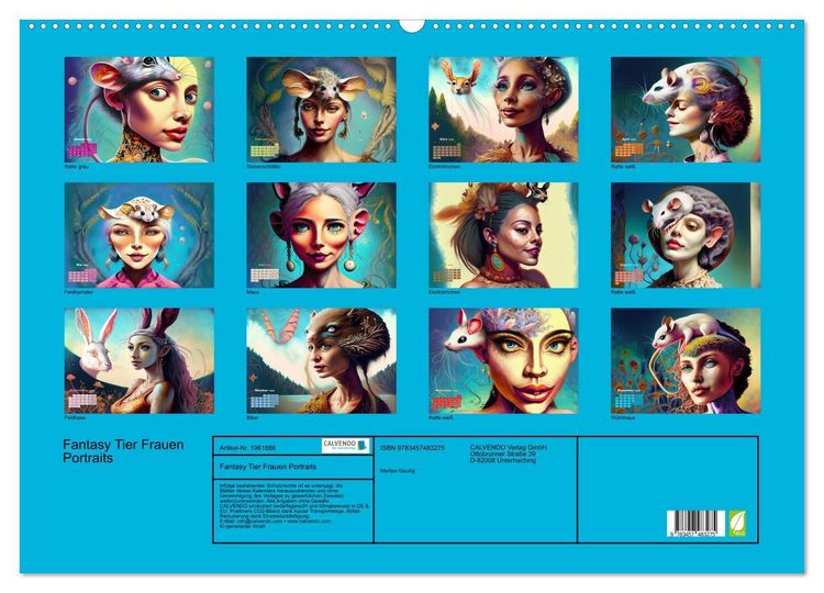 Produktbild: Fantasy Tier Frauen Portraits (Wandkalender 2026 DIN A2 quer), CALVENDO Monatskalender