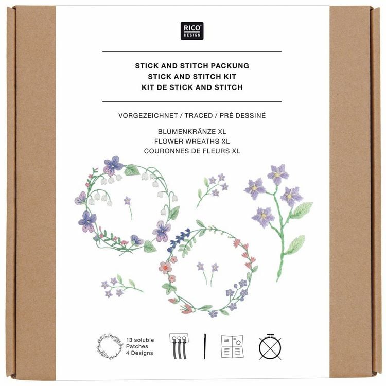 Produktbild: Stick & Stitch Packung, Blumenkr&auml;nze XL // 13 Stk., 4 Designs // Wasserl&ouml;sliche Stickvorlage, Stickgarn, Sticknadel und Anleitung