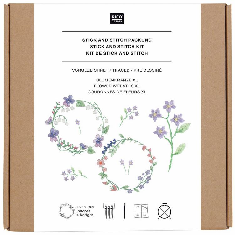 Produktbild: Stick & Stitch Packung, Blumenkr&auml;nze XL // 13 Stk., 4 Designs // Wasserl&ouml;sliche Stickvorlage, Stickgarn, Sticknadel und Anleitung