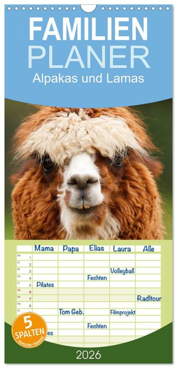Produktbild: Familienplaner 2026 - Alpakas und Lamas mit 5 Spalten (Wandkalender, 21 x 45 cm) CALVENDO