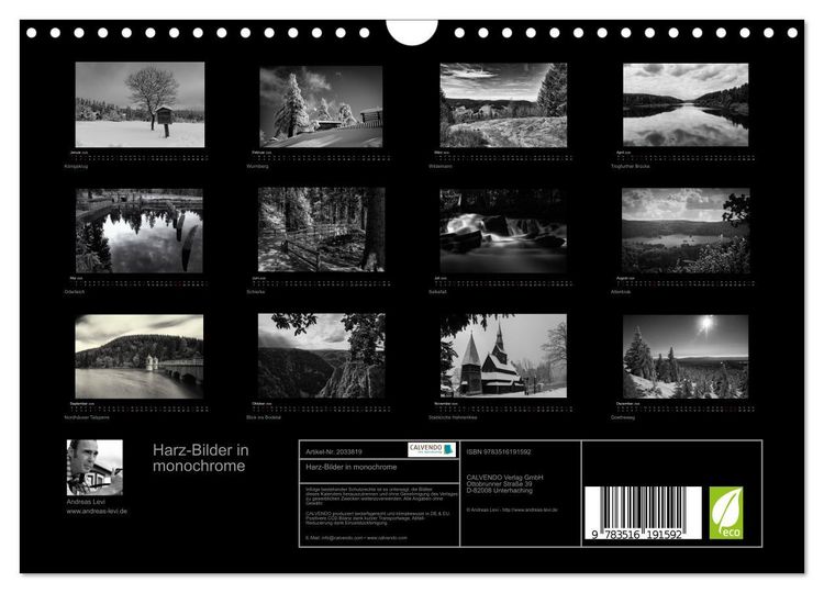 Produktbild: Harz-Bilder in monochrome (Wandkalender 2026 DIN A4 quer), CALVENDO Monatskalender