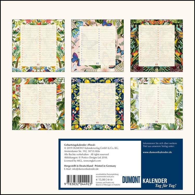 Produktbild: Immerw&auml;hrender Geburtstagskalender floral &ndash; Archive by Portico Designs &ndash; Quadrat-Format 24 x 24 cm