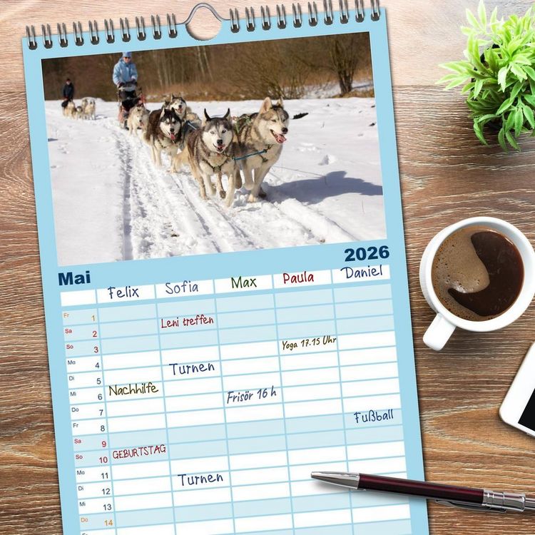 Produktbild: Familienplaner 2026 - Huskies! mit 5 Spalten (Wandkalender, 21 x 45 cm) CALVENDO