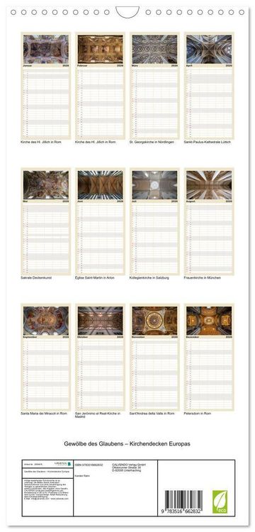 Produktbild: Familienplaner 2026 - Gew&ouml;lbe des Glaubens &ndash; Kirchendecken Europas mit 5 Spalten (Wandkalender, 21 x 45 cm) CALVENDO