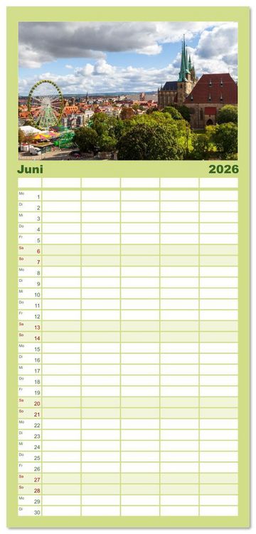 Produktbild: Familienplaner 2026 - Landeshauptstadt Erfurt - Reise durch das sch&ouml;ne Th&uuml;ringen mit 5 Spalten (Wandkalender, 21 x 45 cm) CALVENDO