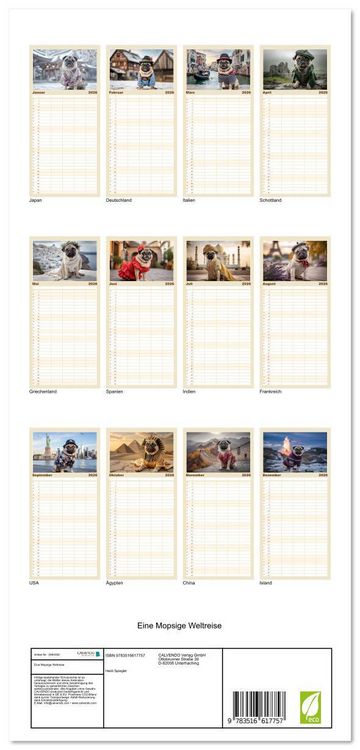 Produktbild: Familienplaner 2026 - Eine Mopsige Weltreise mit 5 Spalten (Wandkalender, 21 x 45 cm) CALVENDO