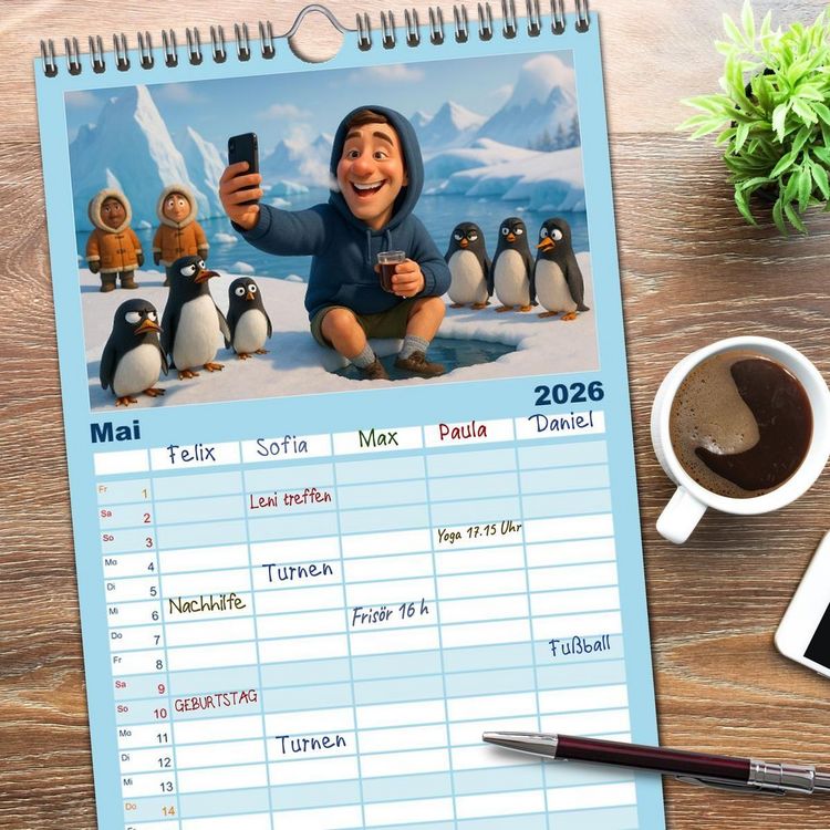 Produktbild: Familienplaner 2026 - K&auml;lteanbeter mit 5 Spalten (Wandkalender, 21 x 45 cm) CALVENDO