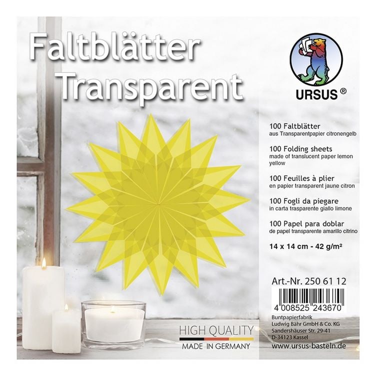 Produktbild: URSUS Falten Transparentpapier-Faltbl&auml;tter, 42 g/m&sup2;, 14 x 14 cm, zitronengelb, 100 Blatt