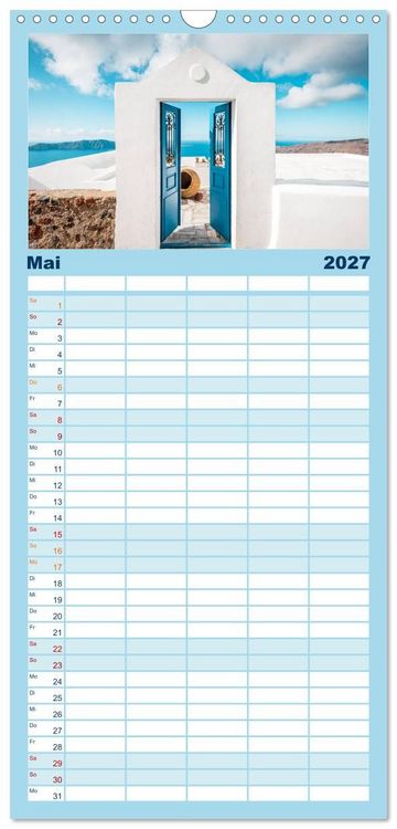 Produktbild: Familienplaner 2027 - Santorini - Die Perle der Kykladen mit 5 Spalten (Wandkalender, 21 x 45 cm) CALVENDO
