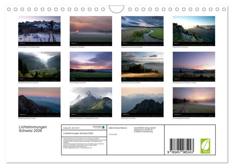 Produktbild: Lichtstimmungen Schweiz 2026 (Wandkalender 2026 DIN A4 quer), CALVENDO Monatskalender