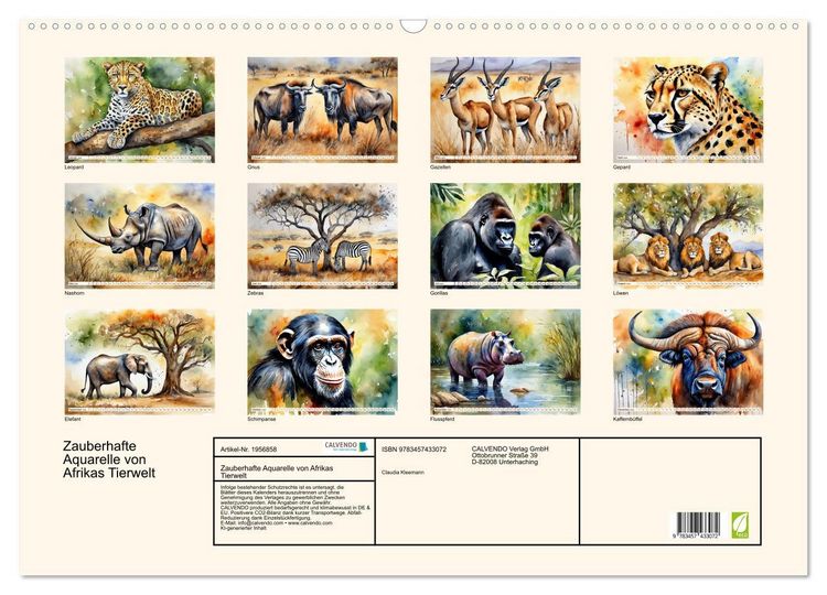 Produktbild: Zauberhafte Aquarelle von Afrikas Tierwelt (Wandkalender 2026 DIN A2 quer), CALVENDO Monatskalender