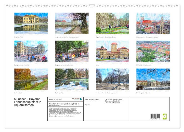 Produktbild: M&uuml;nchen - Bayerns Landeshauptstadt in Aquarellfarben (Wandkalender 2026 DIN A2 quer), CALVENDO Monatskalender