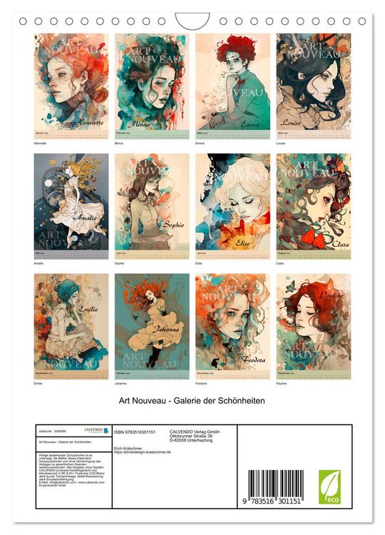 Produktbild: Art Nouveau - Galerie der Sch&ouml;nheiten (Wandkalender 2026 DIN A4 hoch), CALVENDO Monatskalender
