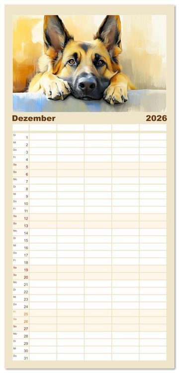 Produktbild: Familienplaner 2026 - Deutsche Sch&auml;ferhunde. Majest&auml;tische W&auml;chter im Aquarell-Stil mit 5 Spalten (Wandkalender, 21 x 45 cm) CALVENDO