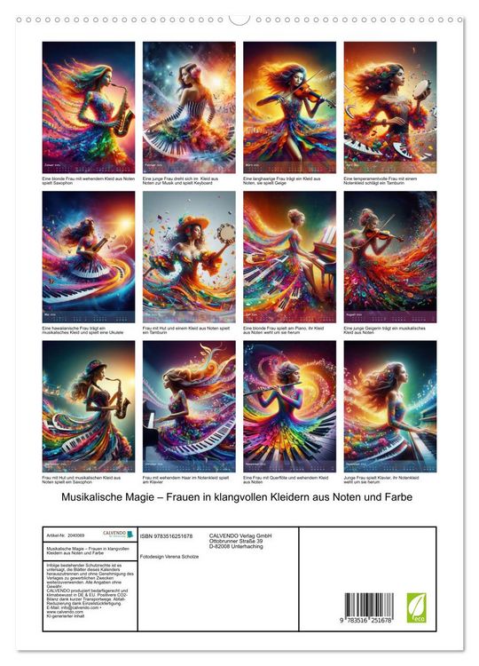 Produktbild: Musikalische Magie &ndash; Frauen in klangvollen Kleidern aus Noten und Farbe (hochwertiger Premium Wandkalender 2026 DIN A2 hoch), Kunstdruck in Hochglanz