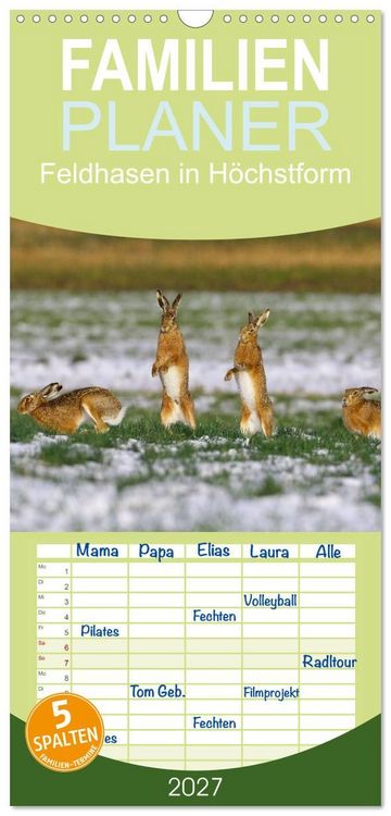 Produktbild: Familienplaner 2027 - Feldhasen in H&ouml;chstform mit 5 Spalten (Wandkalender, 21 x 45 cm) CALVENDO